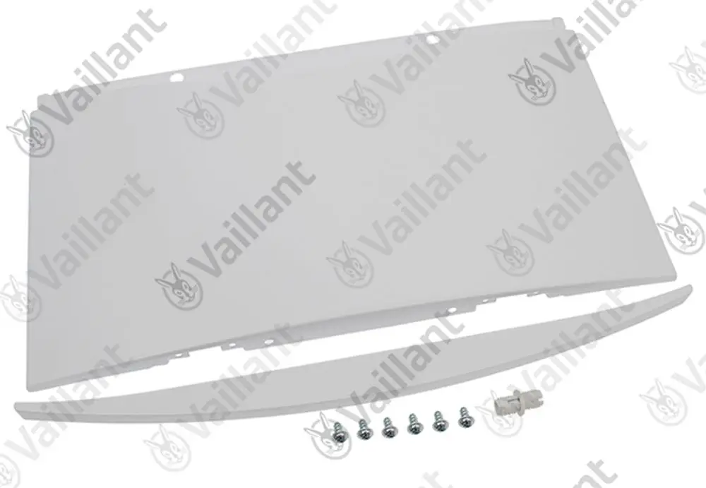 Vaillant Abdeckung in Weiß mit Schrauben und Befestigungselementen, geeignet für bestimmte Modelle. Die Teile sind auf einem weißen Hintergrund angeordnet.